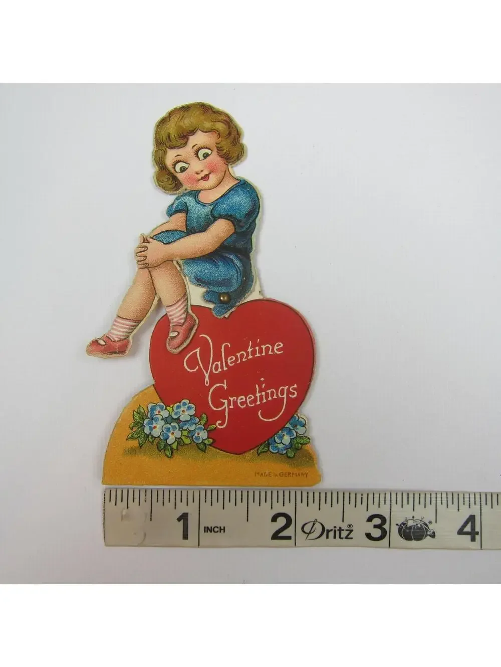 Vintage Valentine Card Mechanical Girl in Blue Dress Sits Red Heart Body Moves